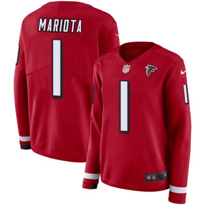 Nike Atlanta Falcons #1 Marcus Mariota Red Team Color Women's Stitched NFL Limited Therma Long Sleeve Jersey